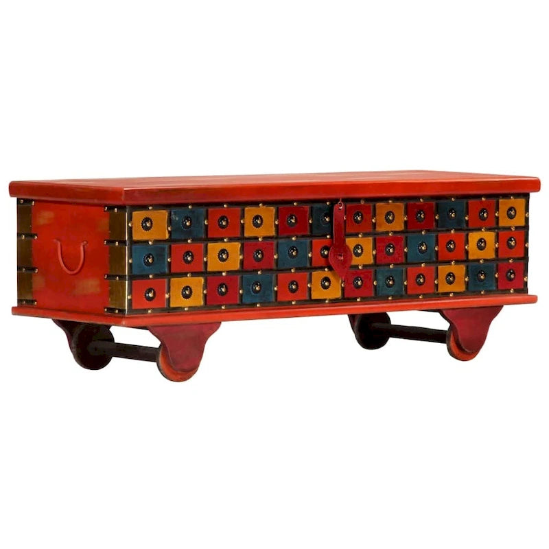 Boîte de rangement en bois d'acacia massif avec couvercle – Rouge, 110 x 40 x 40 cm