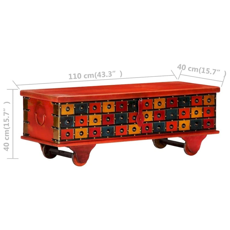 Boîte de rangement en bois d'acacia massif avec couvercle – Rouge, 110 x 40 x 40 cm