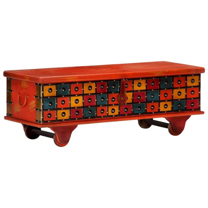 Boîte de rangement en bois d'acacia massif avec couvercle – Rouge, 110 x 40 x 40 cm