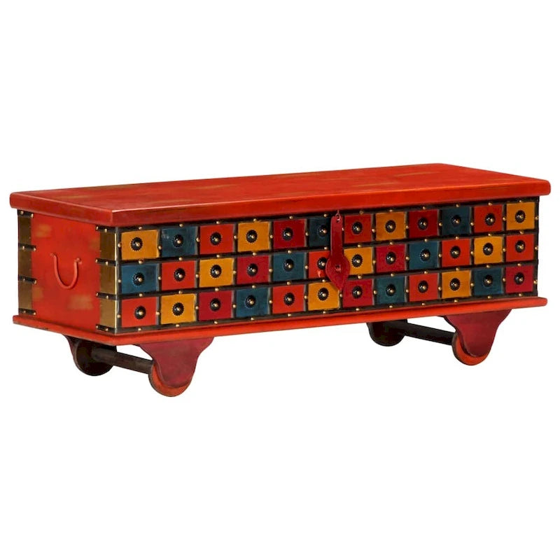 Boîte de rangement en bois d'acacia massif avec couvercle – Rouge, 110 x 40 x 40 cm