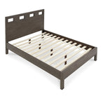 Lit king-size avec tête de lit découpée, finition bois gris, 4 tiroirs latéraux