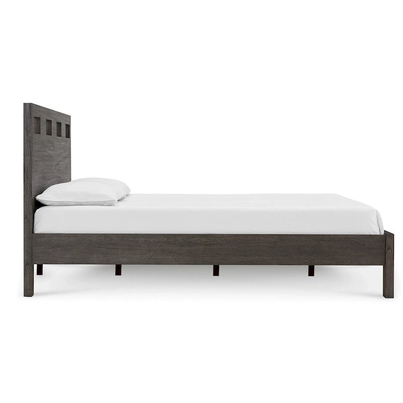 Lit king-size avec tête de lit découpée, finition bois gris, 4 tiroirs latéraux