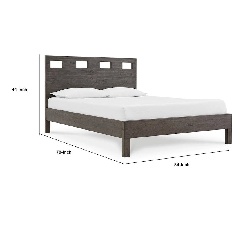 Lit king-size avec tête de lit découpée, finition bois gris, 4 tiroirs latéraux