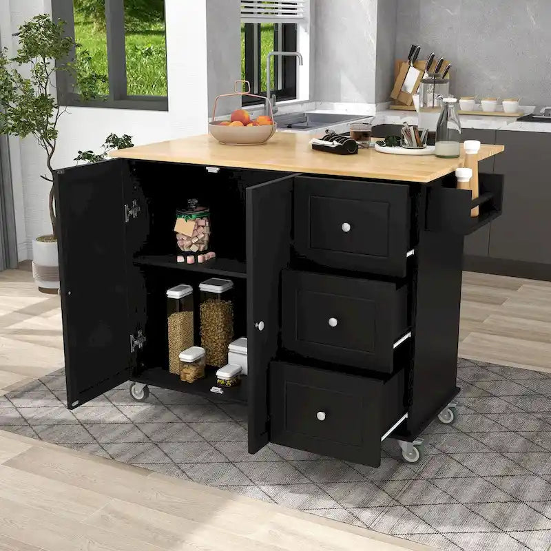 Îlot de cuisine roulant avec abattant, plateau en bois massif et armoire de rangement, 134 cm de large