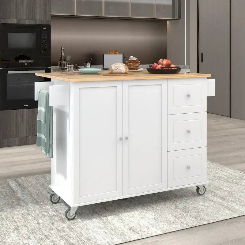 Îlot de cuisine roulant avec abattant, plateau en bois massif et armoire de rangement, 134 cm de large