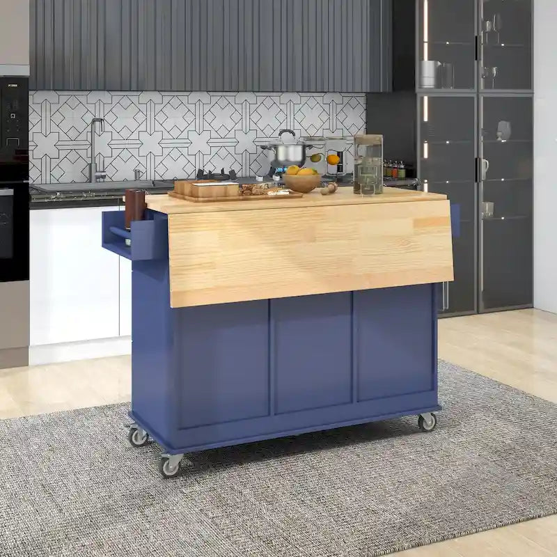 Îlot de cuisine roulant avec abattant, plateau en bois massif et armoire de rangement, 134 cm de large