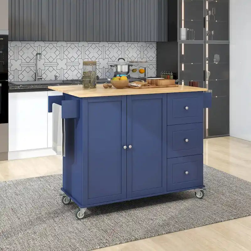 Îlot de cuisine roulant avec abattant, plateau en bois massif et armoire de rangement, 134 cm de large