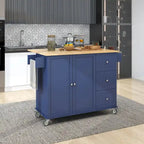Îlot de cuisine roulant avec abattant, plateau en bois massif et armoire de rangement, 134 cm de large