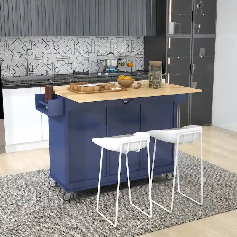Îlot de cuisine roulant avec abattant, plateau en bois massif et armoire de rangement, 134 cm de large