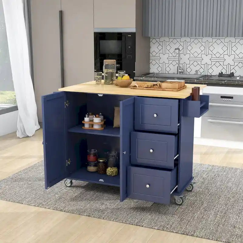 Îlot de cuisine roulant avec abattant, plateau en bois massif et armoire de rangement, 134 cm de large