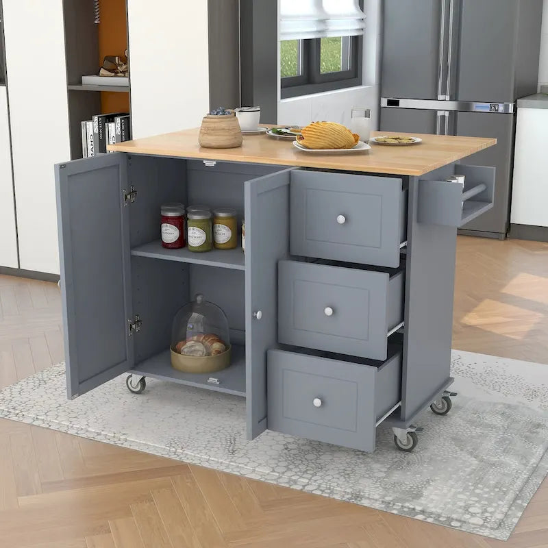 Îlot de cuisine roulant avec abattant, plateau en bois massif et armoire de rangement, 134 cm de large