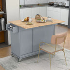 Îlot de cuisine roulant avec abattant, plateau en bois massif et armoire de rangement, 134 cm de large