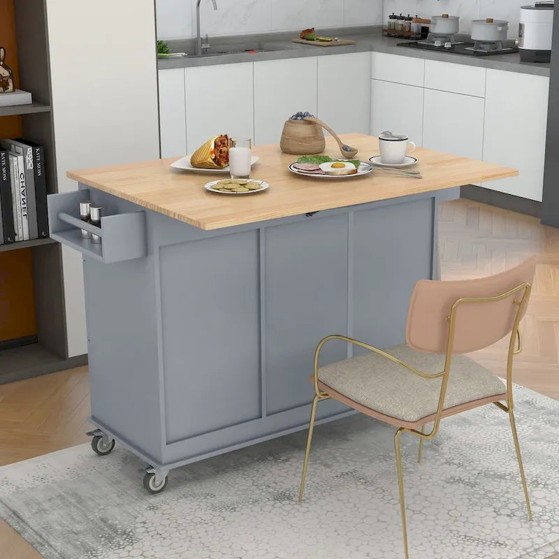 Îlot de cuisine roulant avec abattant, plateau en bois massif et armoire de rangement, 134 cm de large