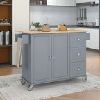 Îlot de cuisine roulant avec abattant, plateau en bois massif et armoire de rangement, 134 cm de large