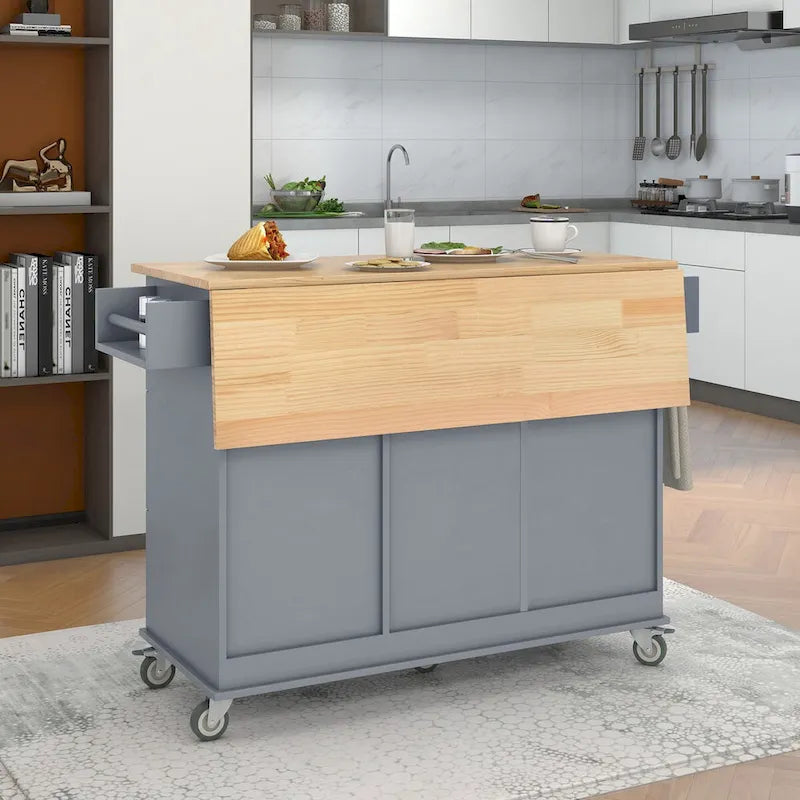 Îlot de cuisine roulant avec abattant, plateau en bois massif et armoire de rangement, 134 cm de large