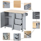 Îlot de cuisine roulant avec abattant, plateau en bois massif et armoire de rangement, 134 cm de large