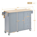 Îlot de cuisine roulant avec abattant, plateau en bois massif et armoire de rangement, 134 cm de large