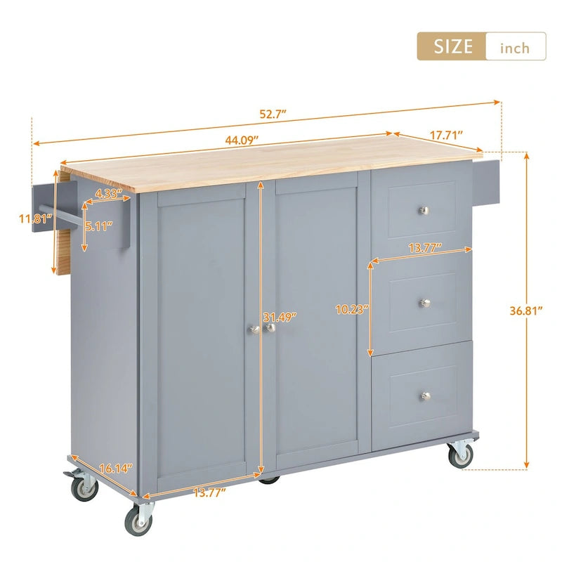 Îlot de cuisine roulant avec abattant, plateau en bois massif et armoire de rangement, 134 cm de large