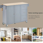 Îlot de cuisine roulant avec abattant, plateau en bois massif et armoire de rangement, 134 cm de large