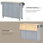 Îlot de cuisine roulant avec abattant, plateau en bois massif et armoire de rangement, 134 cm de large