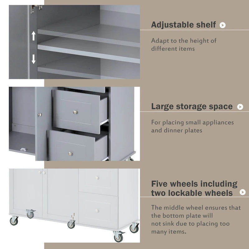 Îlot de cuisine roulant avec abattant, plateau en bois massif et armoire de rangement, 134 cm de large