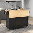 Îlot de cuisine roulant avec abattant, plateau en bois massif et armoire de rangement, 134 cm de large