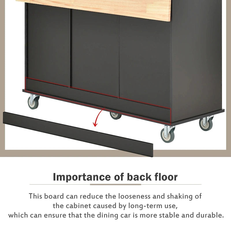 Îlot de cuisine roulant avec abattant, plateau en bois massif et armoire de rangement, 134 cm de large