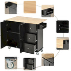 Îlot de cuisine roulant avec abattant, plateau en bois massif et armoire de rangement, 134 cm de large