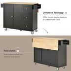 Îlot de cuisine roulant avec abattant, plateau en bois massif et armoire de rangement, 134 cm de large