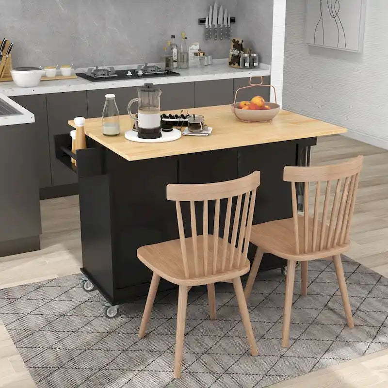 Îlot de cuisine roulant avec abattant, plateau en bois massif et armoire de rangement, 134 cm de large
