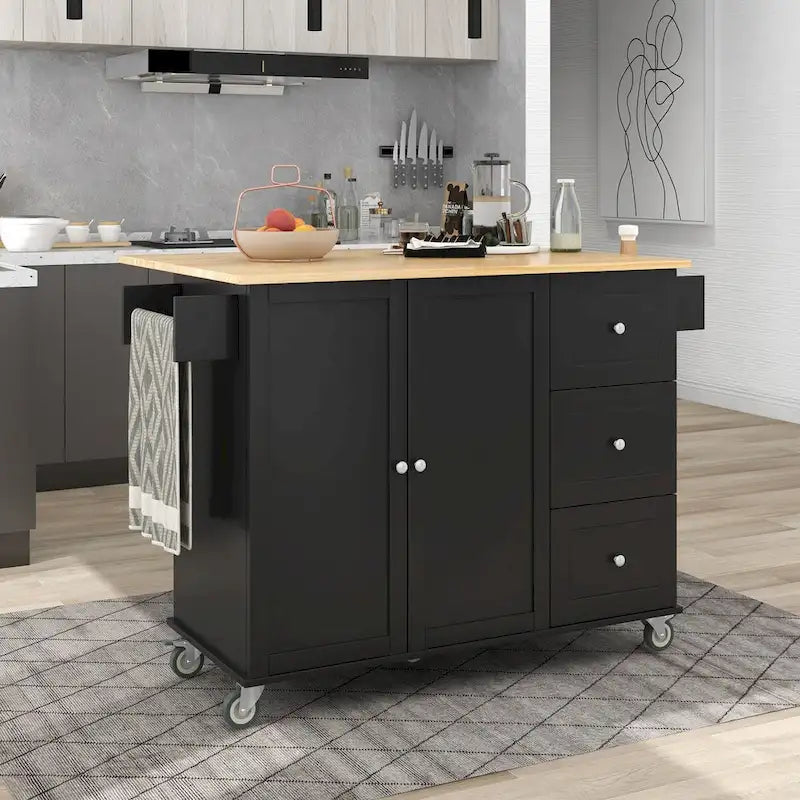 Îlot de cuisine roulant avec abattant, plateau en bois massif et armoire de rangement, 134 cm de large