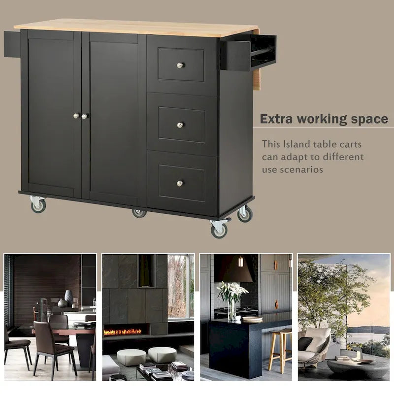 Îlot de cuisine roulant avec abattant, plateau en bois massif et armoire de rangement, 134 cm de large
