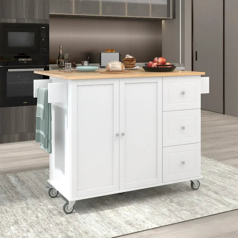 Îlot de cuisine roulant avec abattant, plateau en bois massif et armoire de rangement, 134 cm de large