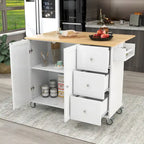 Îlot de cuisine roulant avec abattant, plateau en bois massif et armoire de rangement, 134 cm de large