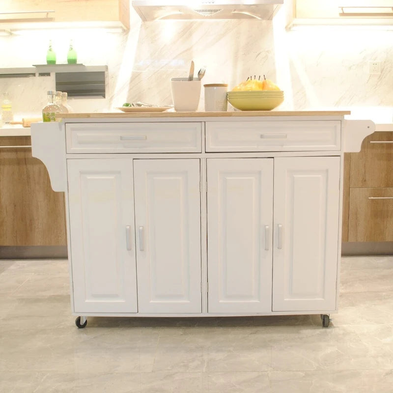 Meuble desserte de cuisine roulant avec plateau en bois et placard de rangement