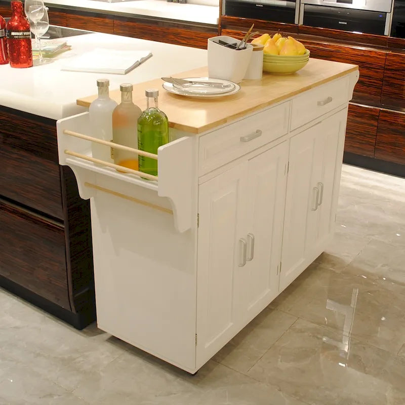 Meuble desserte de cuisine roulant avec plateau en bois et placard de rangement