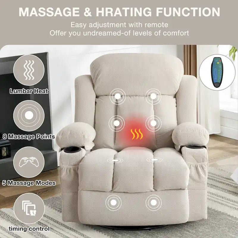 Fauteuil inclinable manuel avec massage, chaleur et pivotement à 360°