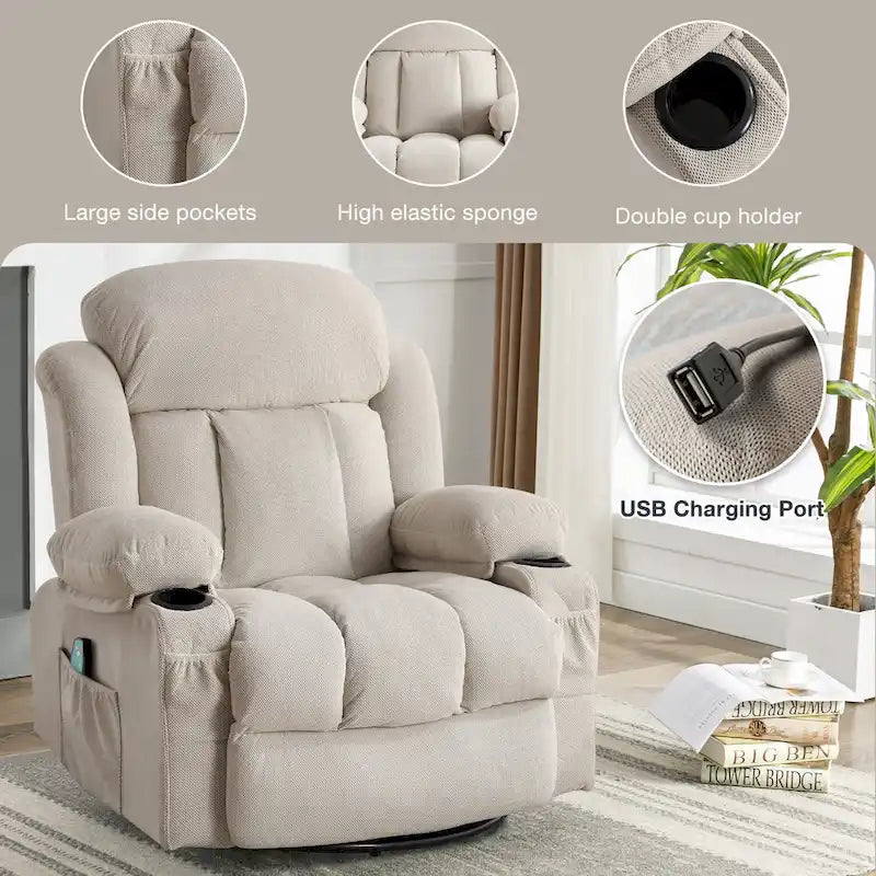 Fauteuil inclinable manuel avec massage, chaleur et pivotement à 360°