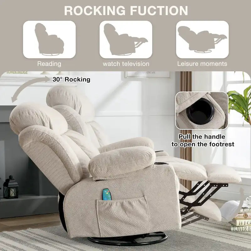 Fauteuil inclinable manuel avec massage, chaleur et pivotement à 360°