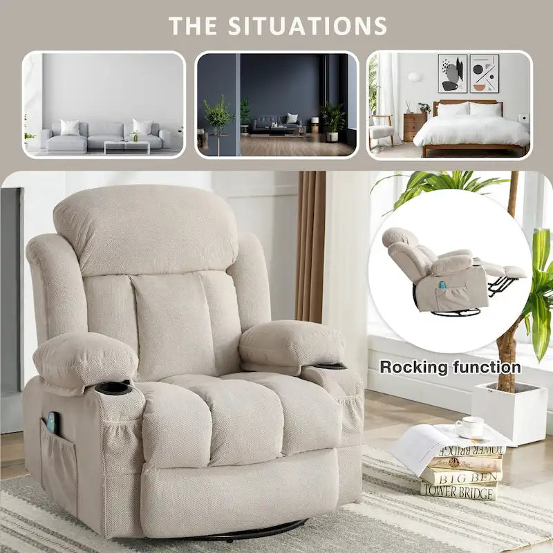 Fauteuil inclinable manuel avec massage, chaleur et pivotement à 360°