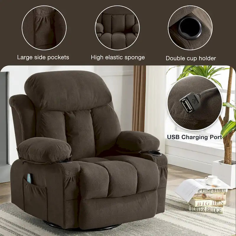 Fauteuil inclinable manuel avec massage, chaleur et pivotement à 360°
