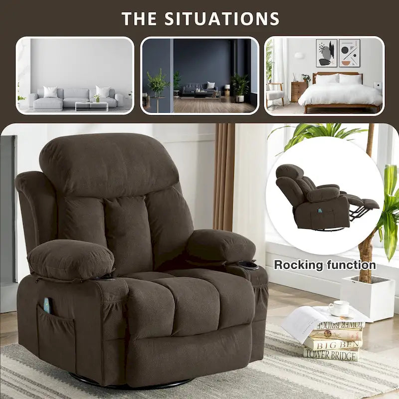Fauteuil inclinable manuel avec massage, chaleur et pivotement à 360°