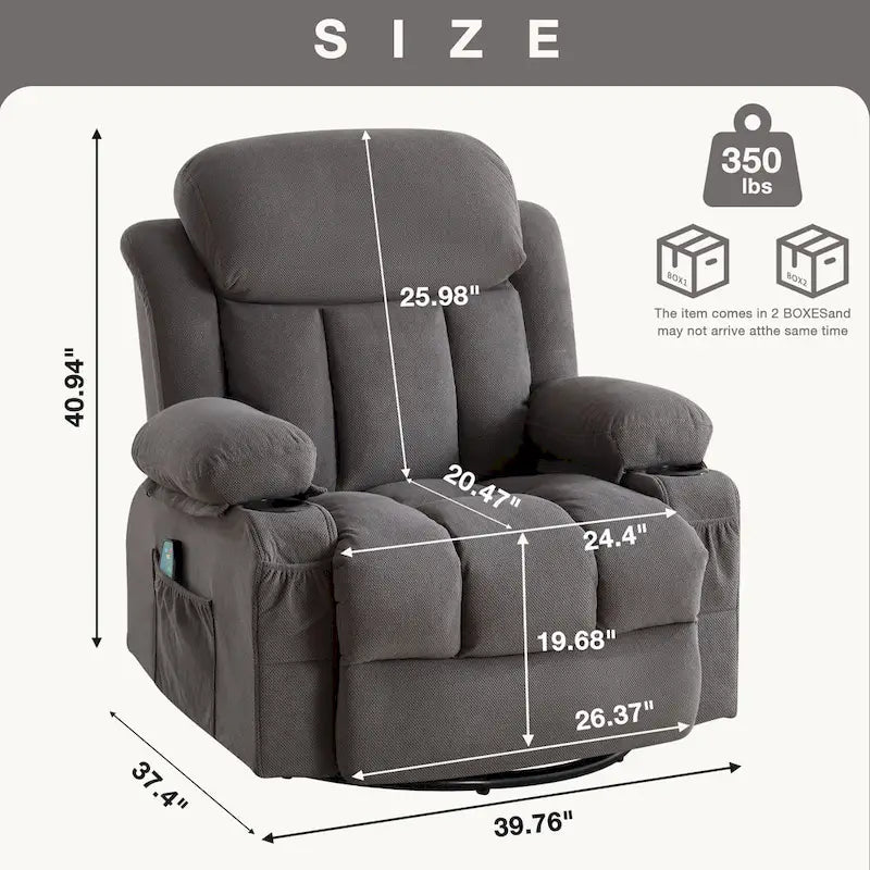 Fauteuil inclinable manuel avec massage, chaleur et pivotement à 360°