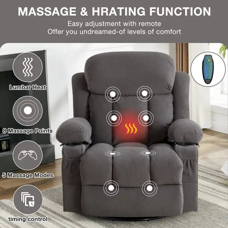 Fauteuil inclinable manuel avec massage, chaleur et pivotement à 360°