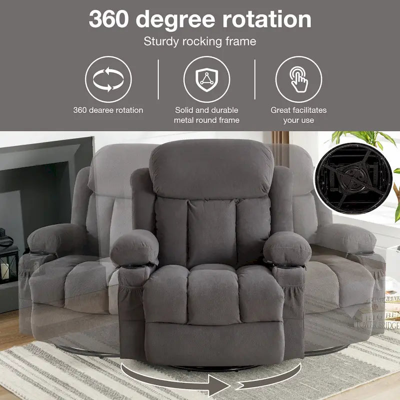 Fauteuil inclinable manuel avec massage, chaleur et pivotement à 360°