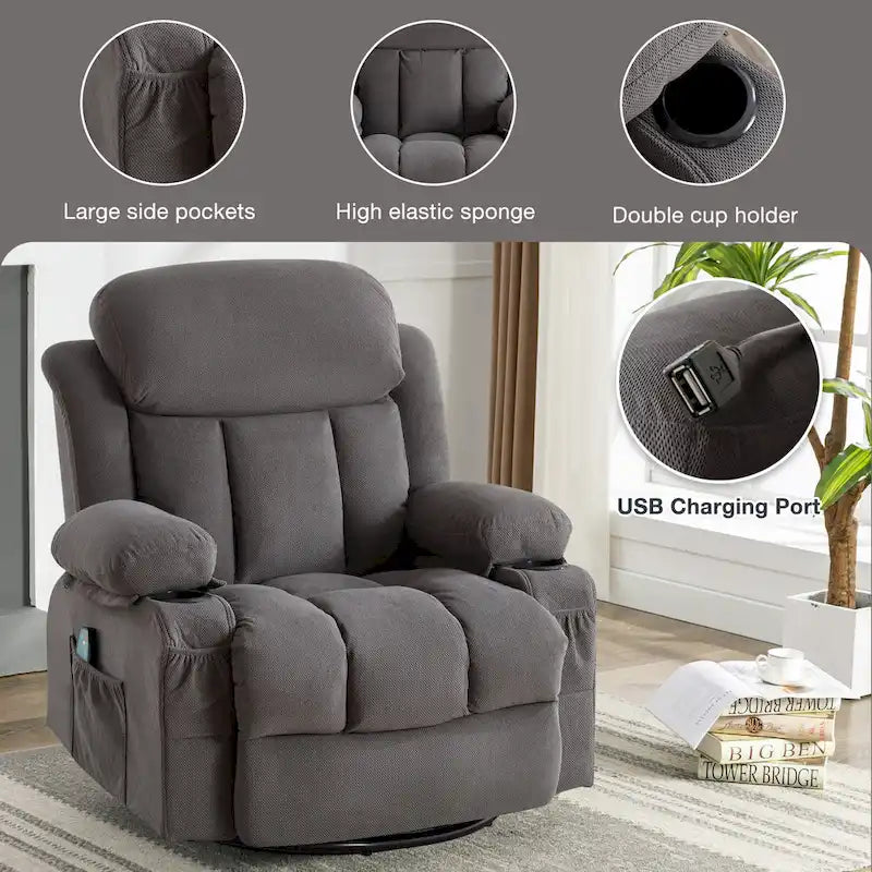 Fauteuil inclinable manuel avec massage, chaleur et pivotement à 360°