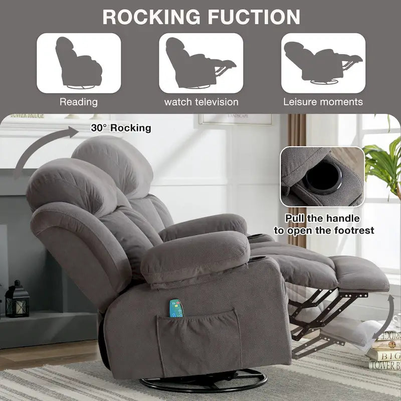Fauteuil inclinable manuel avec massage, chaleur et pivotement à 360°