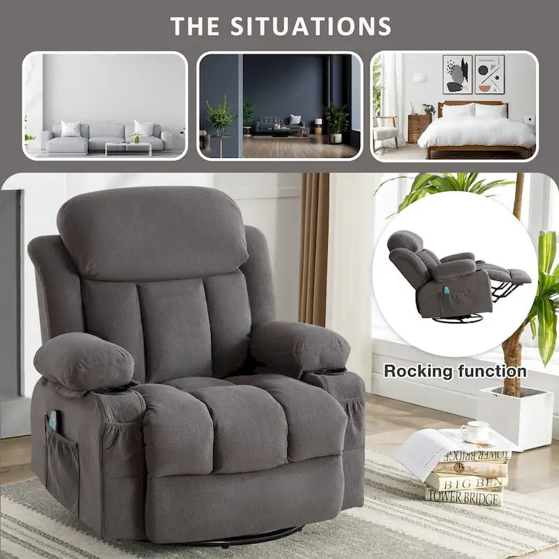 Fauteuil inclinable manuel avec massage, chaleur et pivotement à 360°