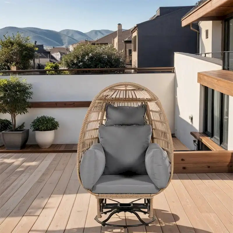 Chaise de Patio en Osier en Forme d'Œuf avec Pivotement à 360°, Base à Bascule et Coussins