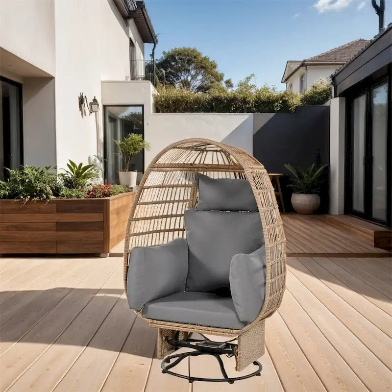 Chaise de Patio en Osier en Forme d'Œuf avec Pivotement à 360°, Base à Bascule et Coussins